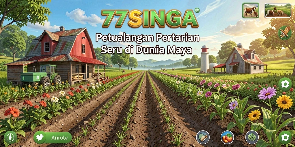 Screenshot gameplay 77SINGA yang menampilkan ladang yang subur dan tanaman yang beragam.
