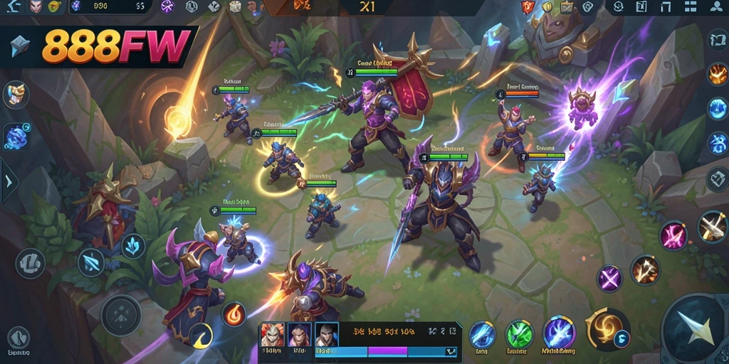 Tangkapan layar gameplay menampilkan aksi MOBA yang seru.
