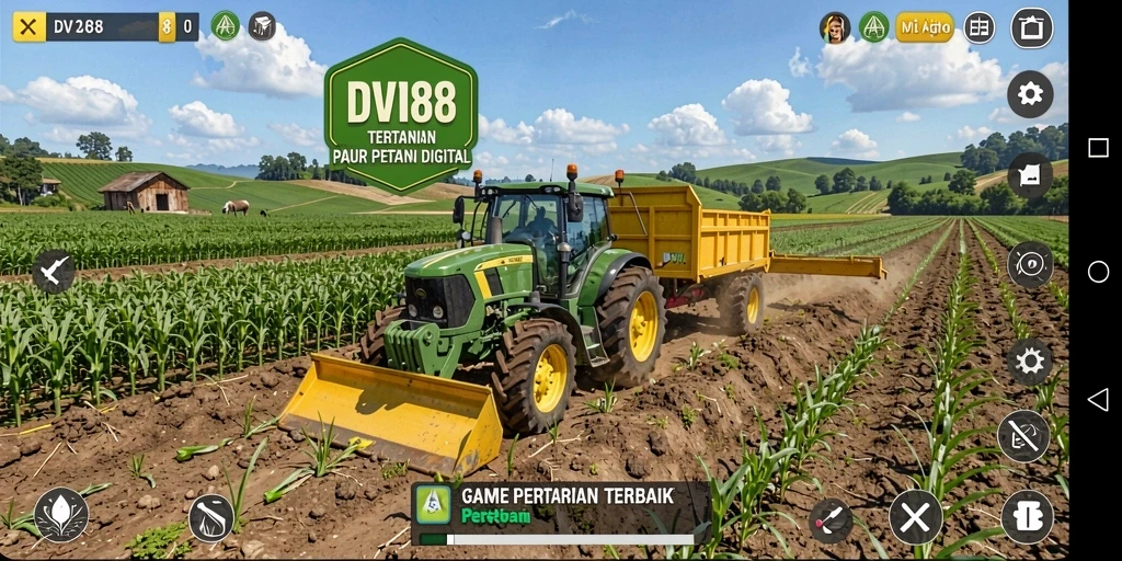 Screenshot gameplay menunjukkan ladang hijau yang subur dan berbagai aktivitas bertani.