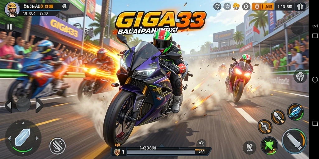 Tampilan gameplay GIGA33 yang menarik dan seru dari balapan motor.
