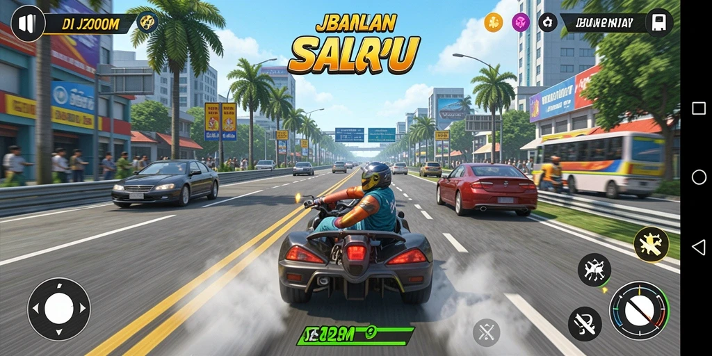 Tampilan gameplay J200M dengan mobil balap di lintasan.