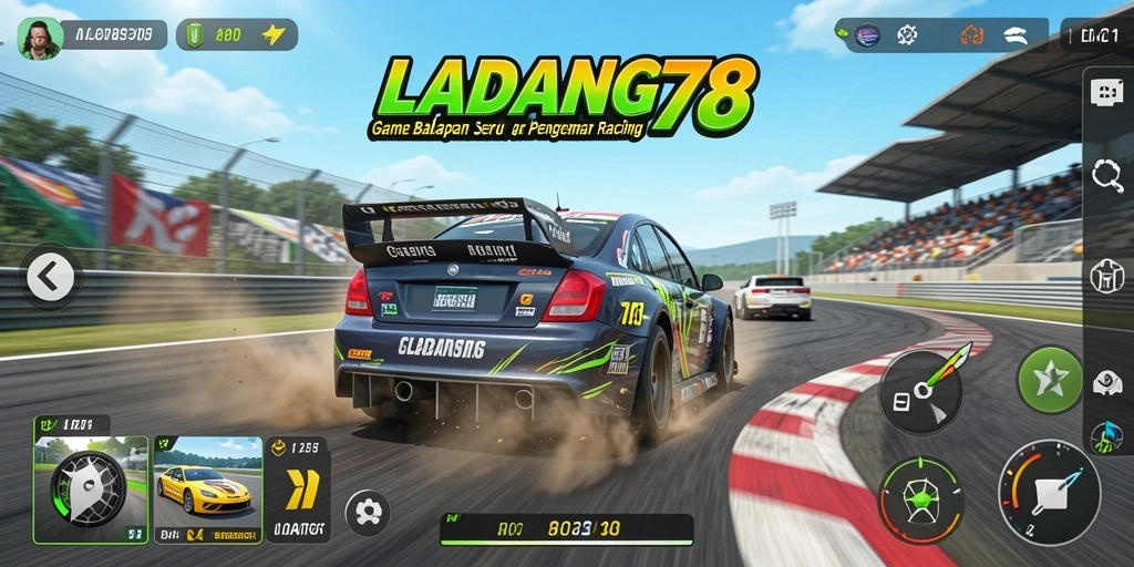 Screenshot utama LADANG78 menampilkan aksi balapan yang mendebarkan.