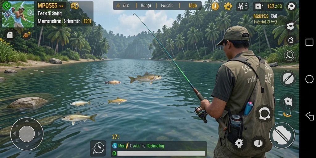 Screenshot MPO555 menampilkan aksi seru saat memancing di lokasi indah.