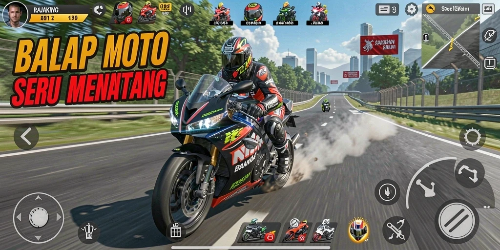 Screenshot gameplay RAJAKING menampilkan balapan motor yang mendebarkan.