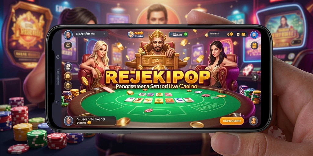 Screenshot gameplay REJEKIPOP menampilkan dealer profesional dan pemain berinteraksi.