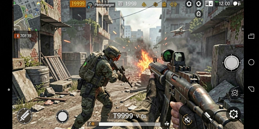 Gameplay seru dalam T9999 menampilkan aksi FPS yang mendebarkan.