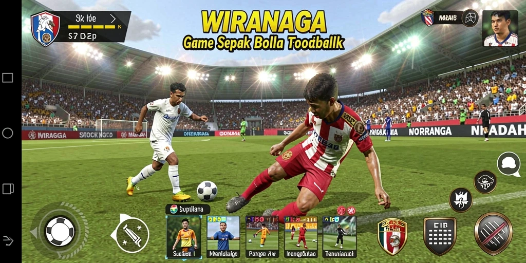 Screenshot gameplay WIRANAGA menampilkan aksi seru sepak bola.